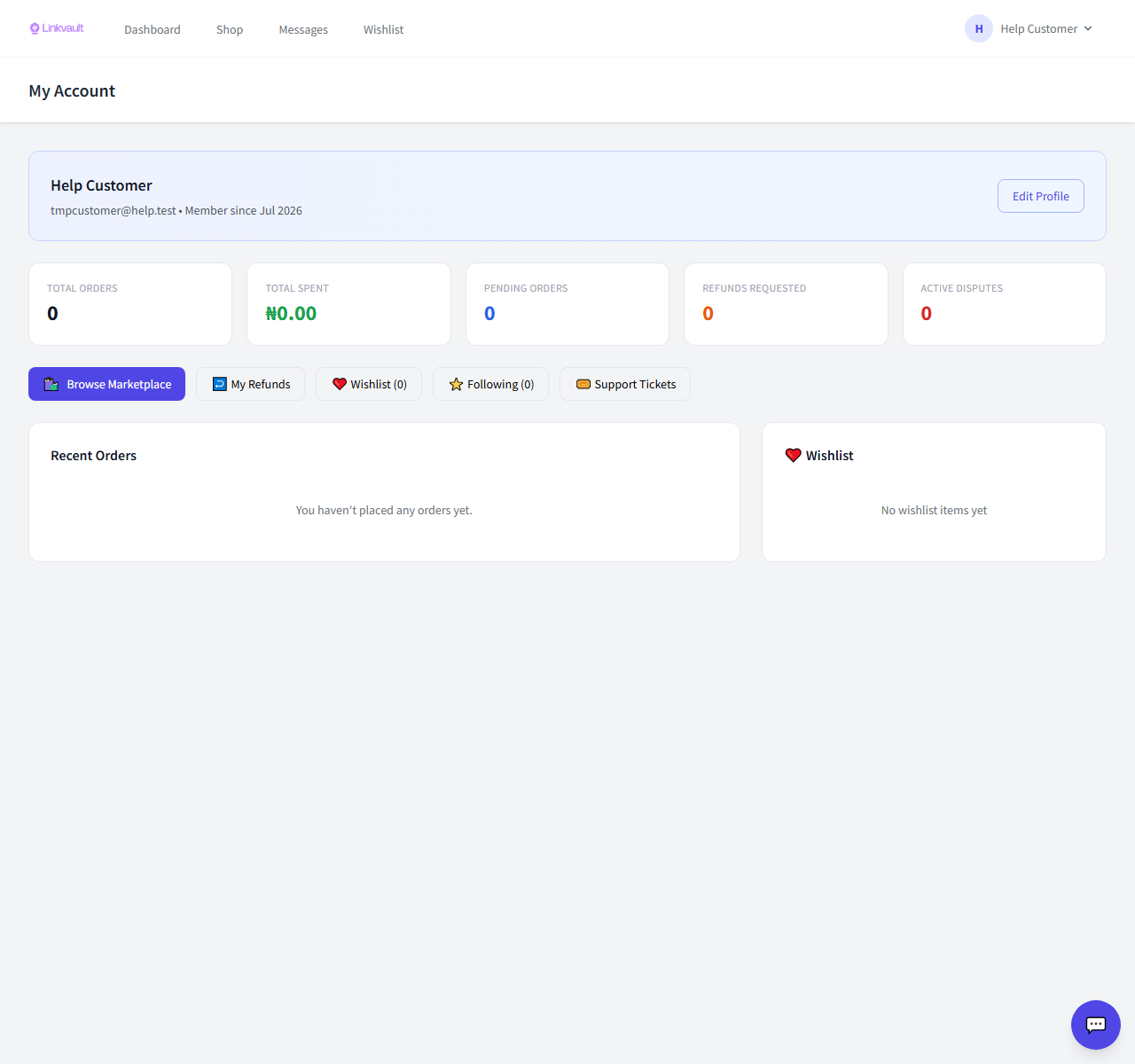 The customer dashboard with orders