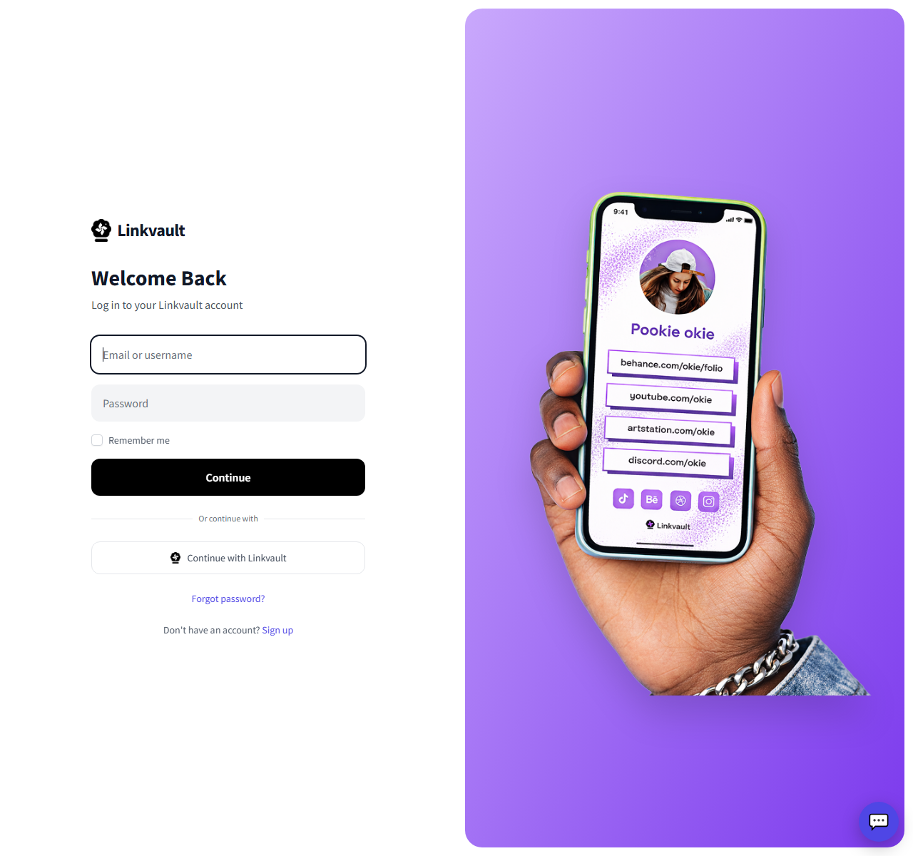 The LinkVault login screen