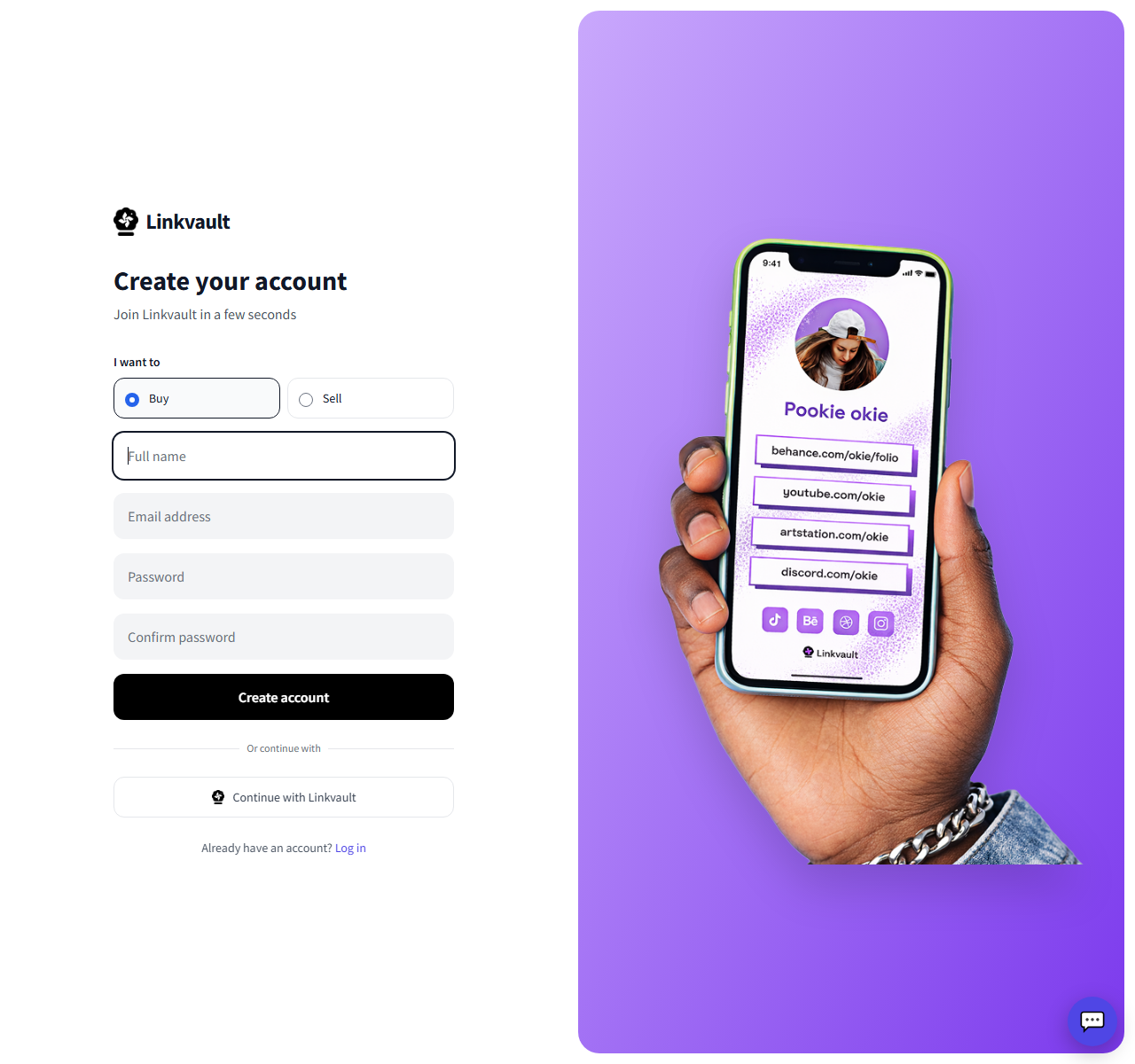 The LinkVault registration form