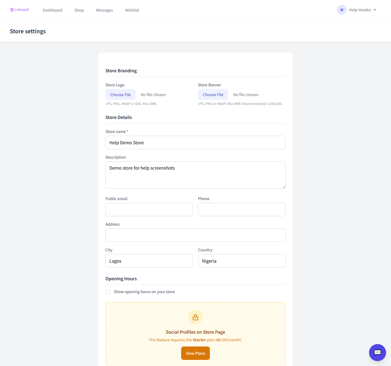 The store settings screen