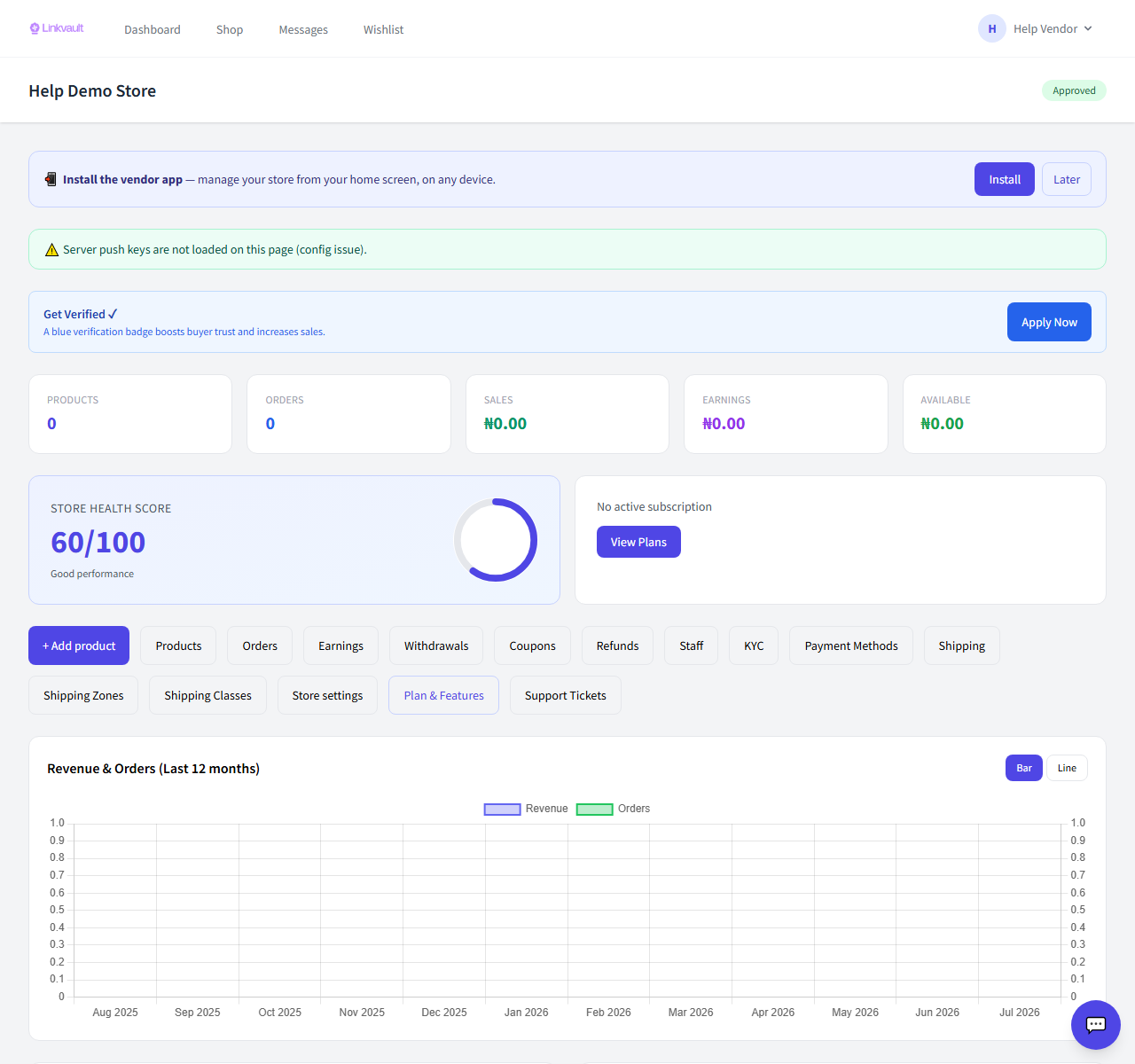 The vendor dashboard