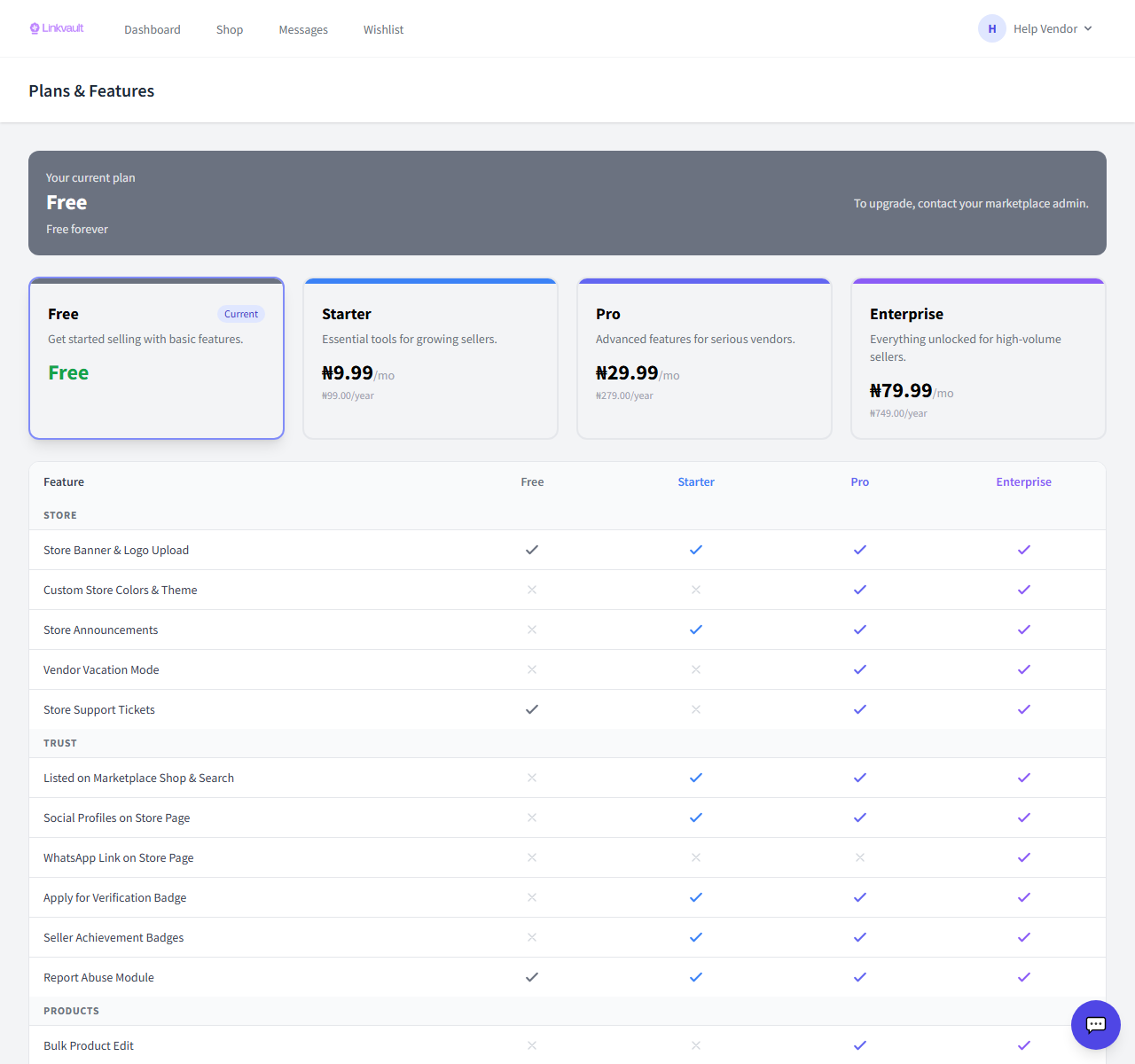 The vendor plans page